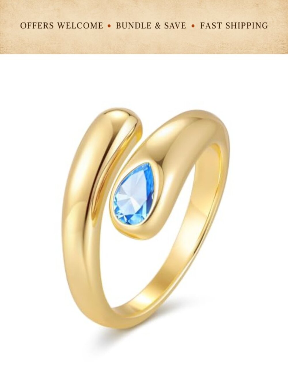 14k Gold Plated Adjustable Open Ring Teardrop Cubic Zirconia Statement